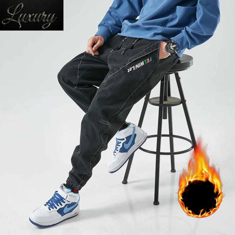 

Men's Brushed Pants Fashion Winter Thick Fleece Warm Cargo Jeans Male Black Denim Large Size Big 8XL Hip Hop Harem Trousers Men