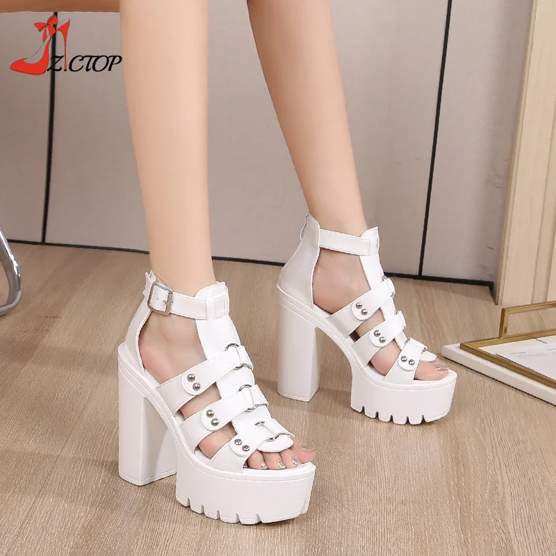 

Platform High Heels Women Sandals Black Chunky Heeled Open Toe Pumps Party Shoes Back Zipper Gladiator Shoes Summer Size 41