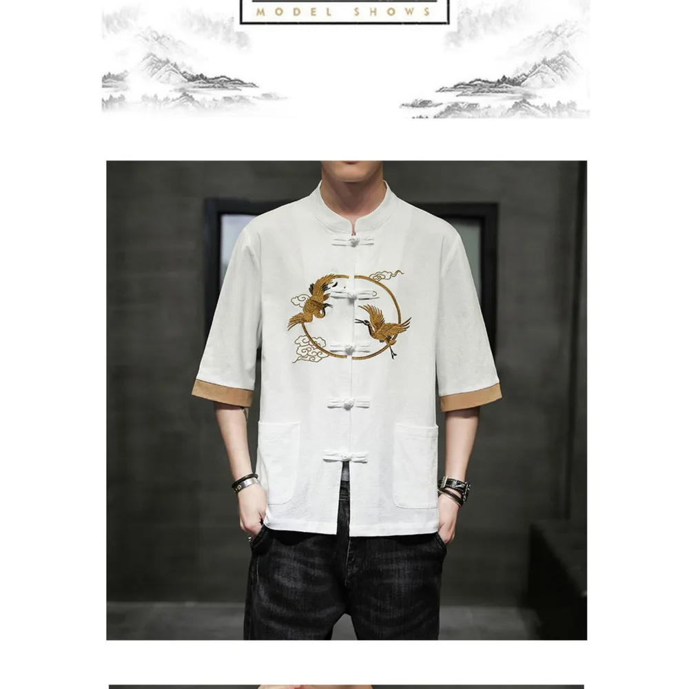 2024 Summer Chinese cotton linen short sleeved men's Tang embroidery Han style loose China-Chic shirt men_autovado.com