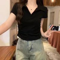 Women's Sweet Spicy Cropped Polo T-Shirt Summer Fitted Waist Ruffled Short Sleeve Top Trend V Neck Tees Casual Wear Slim Fit - Image 5