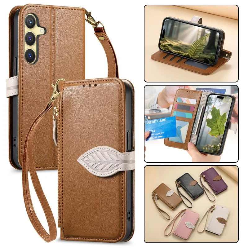 Leaf Buckle Leather Wallet Phone Case - Premium Card Holder Cover