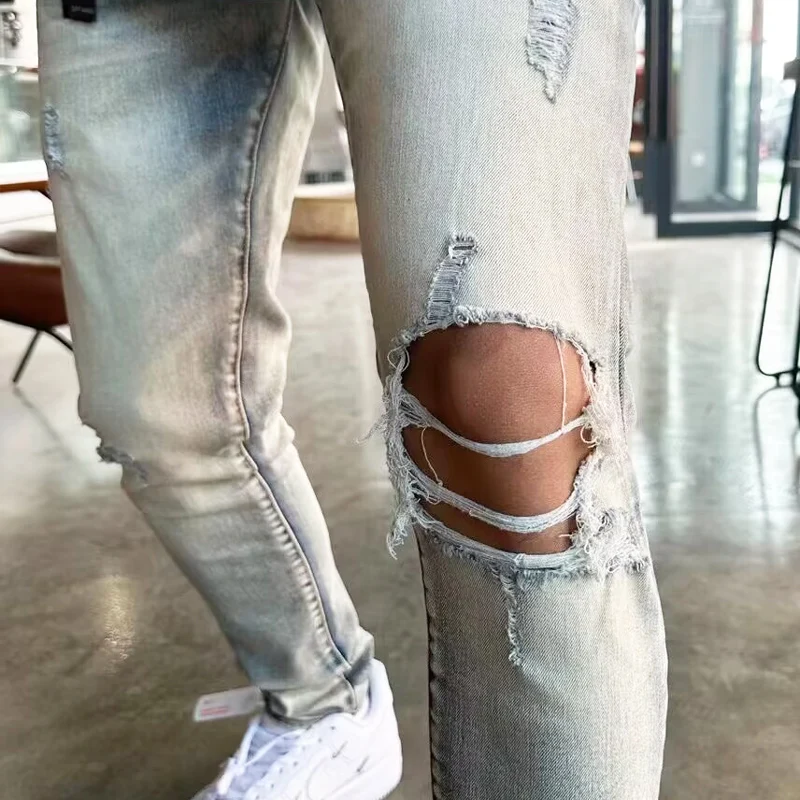 Street Fashion Men's Jeans Retro Light Blue Elastic Off body Split Jeans Patch Designer Hip Hop Brand High Quality Pants Jeans