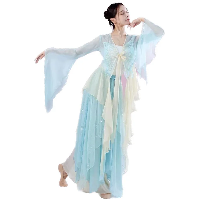 중국 스타일 민속 무용 클래식 댄서 공연 의상, 우아한 가디건 연습복, 바디 운율 긴 외부 거즈