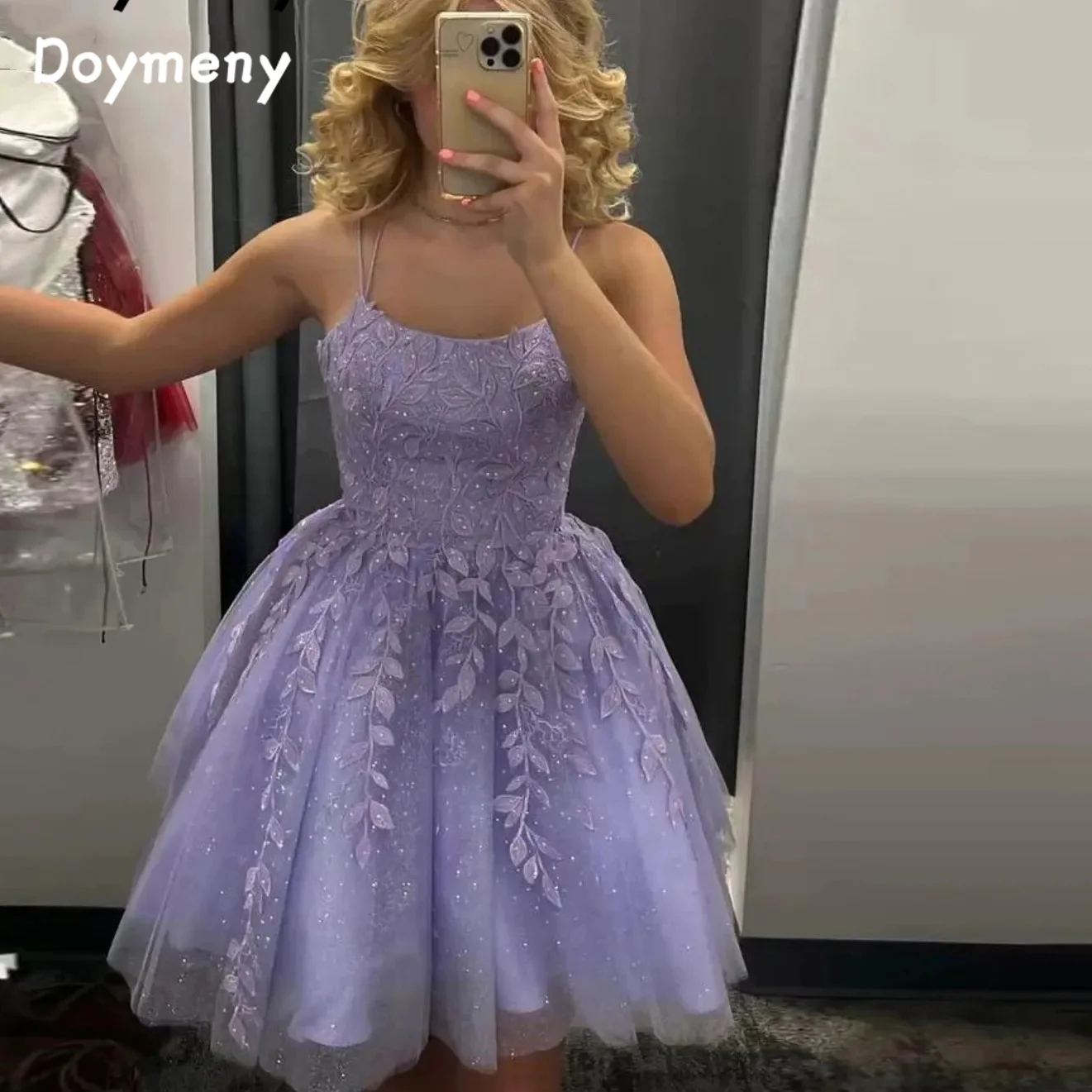 

Doymeny Sparkling Tulle Short A-line Prom Dresses Appliques Lace Spaghetti Cocktail Gowns Homecoming Dress Graduation Party