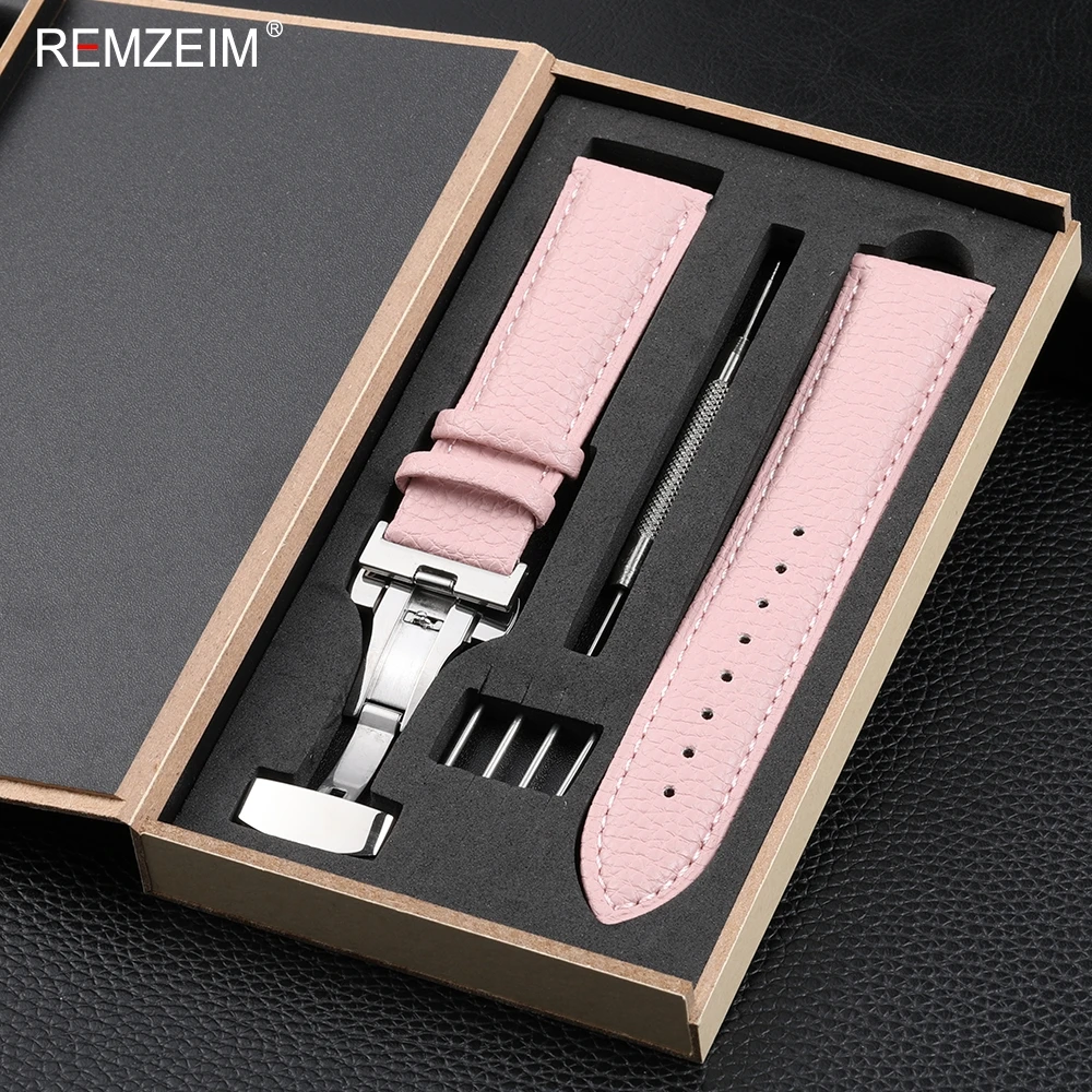 Elegant Litchi Leather Wrist Band with Butterfly Buckle & Gift Box Packaging