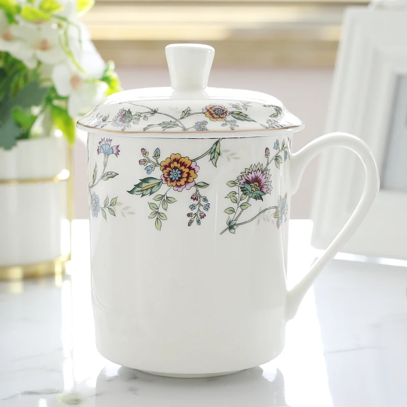 Chinese Style Ceramic With Cover White Porcelain Personal Tea Mugs, Personal Creative Floral Pattern, Milk Water Cup, 400ml, 1Pc