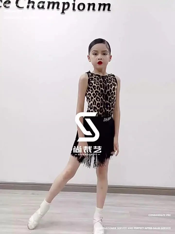 2023 Kids Latin Dance Costumes leopard Tops Black Fringed