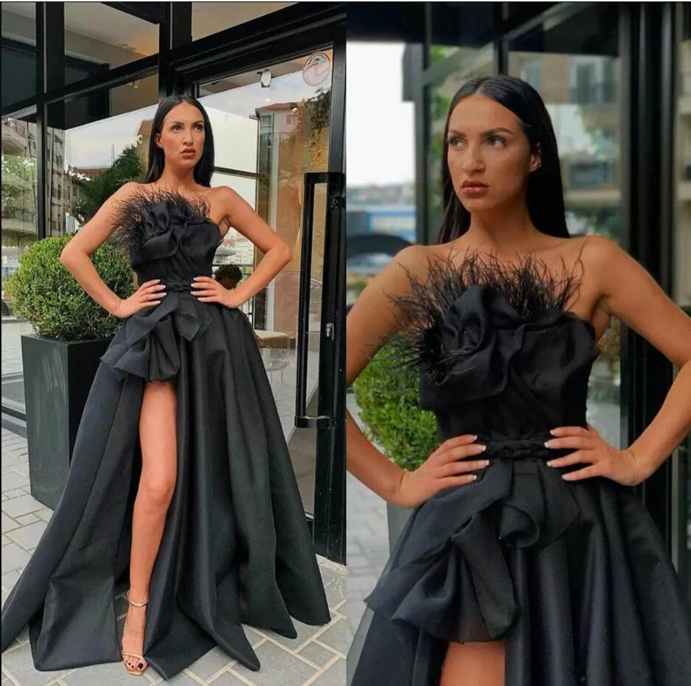 

Sexy Black A Line Evening Dresses Strapless Feather High Split Satin Pleat Ruched Formal Party Prom Gowns Vestidos De Fiesta