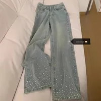 Retro Korean Japanese Water Washed Diamond Embellished High Waist Wide Leg Jeans Women's Spring Design Loose Straight Pants
