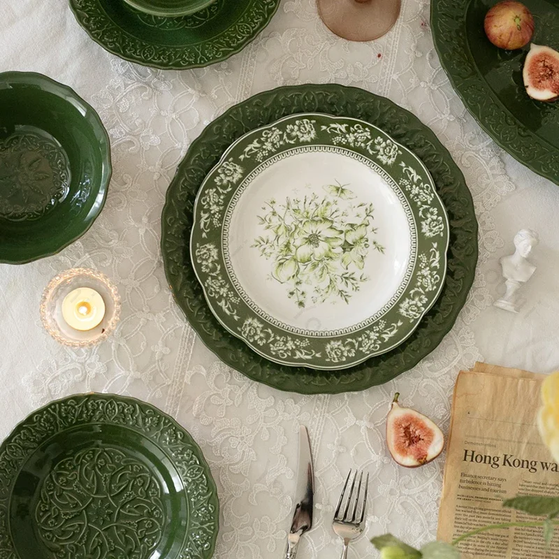 Vintage Relief Ceramic Plate Green Creative Flower Dining Plates Household Delicious Dishes Trays Exquisite Soup Bowls Tableware
