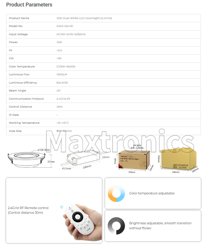 Miboxer DW2-12A-RF 12W 듀얼 화이트 LED 통 AC100240V 2.4GHz FUT089Z Zigbee 3.0 원격 제어 자동 신호 전송