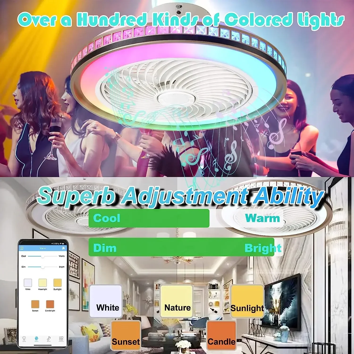 Ceiling Fan Chandelier 50CM With Led Light Remote Control Bluetooth Speaker Ventiliator Fan 6 Speed Wind Guide For Home Lghting