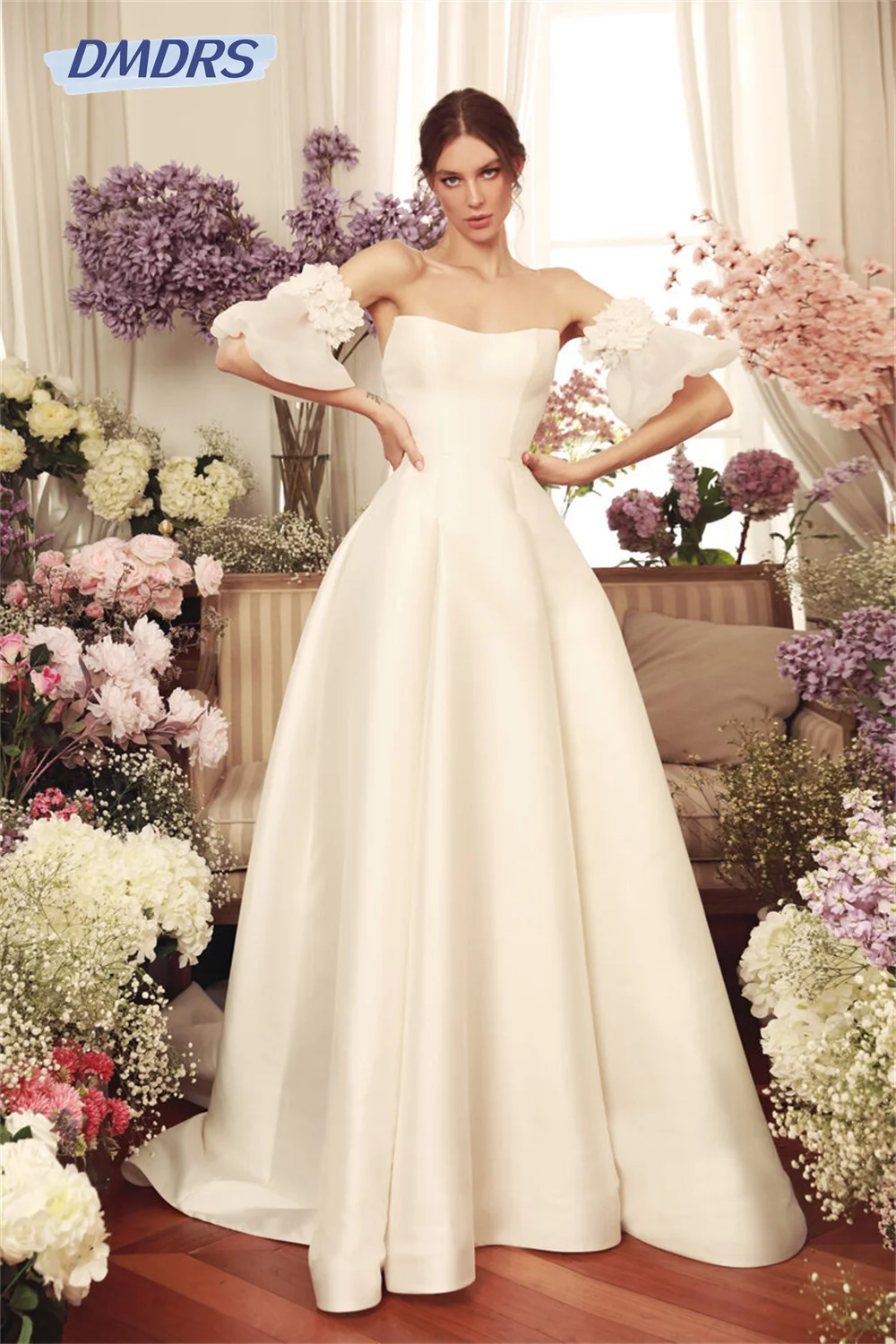 

Classic Removable Sleeves Floor-Length Gowns Sexy Sleeveless Stain Gown Graceful Strapless Wedding Dress Vestidos De Novia