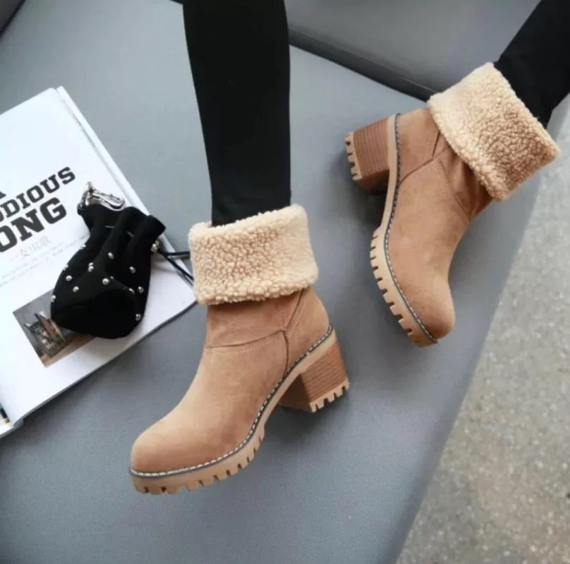 Winter Womens Black Beige Plush Lining Shoes Ankle Boots Med Heel Chunky Heels Shoes Warm Boot Metal Decoration Boots for Women