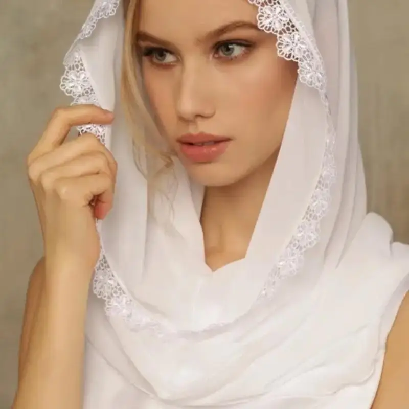 49ME Woman Lace Veil Wedding Church Lace Trim Veil Lightweight Scarf with Floral Pattern Hot Weather Muslims Girl Headscarf