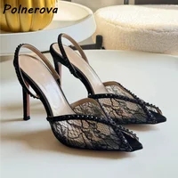 Sandales en dentelle strass Slingback blanc noir Peep bout pointu bande de cheville chaussures pour femmes élégantes été solide chaussures de fête 2025 6
