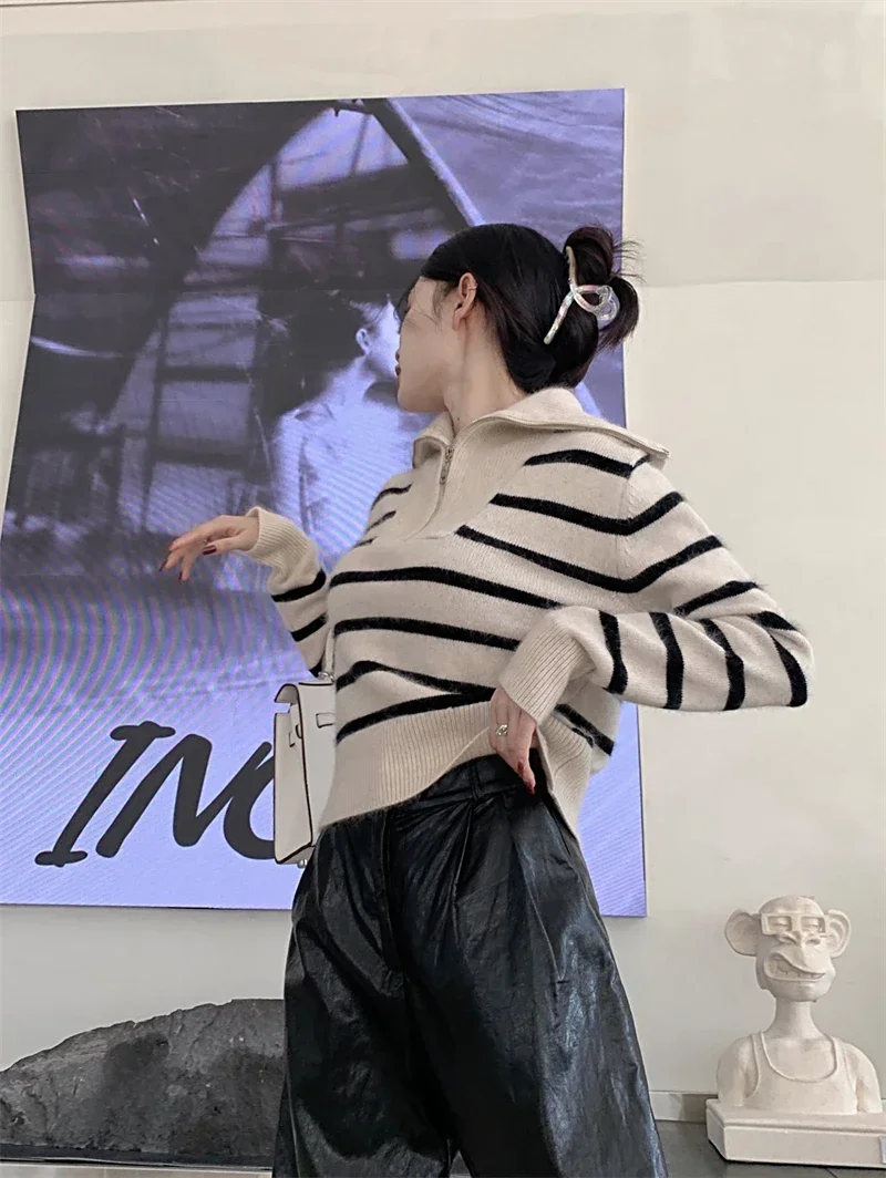 Women's Autumn Winter New Fashion Retro Lapel Half Zipper Contrasting Stripes Sweater Casual Long Sleeved Loose Knitted Coat