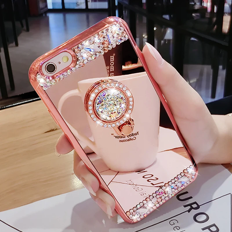 Diamond Crystal Rhinestone Glitter Mirror Case For iPhone 16 15 13 14 11 12 Pro MAX Mini XS Max XR 8Plus Ring Holder Stand Cover For Iphone Case Phone Case Mirror Bracket Case