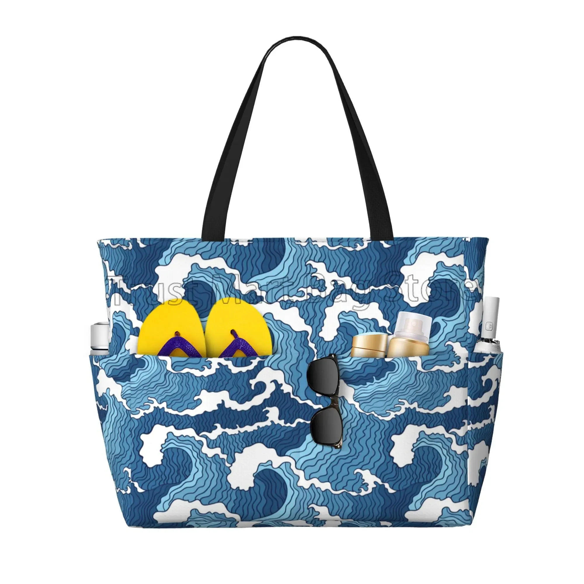 Sea Wave Beach Tote Bags for Women Waterproof Sandproof Large Pool Bag Stylish Zipper Beach Tote for Gym Travel Shopping School