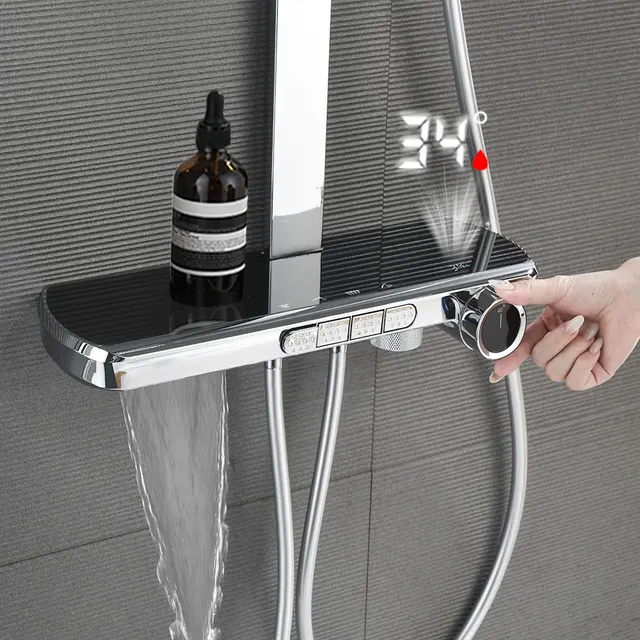 ระบบฝักบัวน้ำตกในห้องน้ำแบบดิจิตอลแสดงผลอุณหภูมิชุดอ่างอาบน้ำฝักบัวสายฝนร้อนและเย็นก๊อกน้ำฝักบัวผสม 4 WAY button Smart ห้องอาบน้ำก๊อกฝักบัวครบชุดอุปกรณ์ห้องน้ำ 1