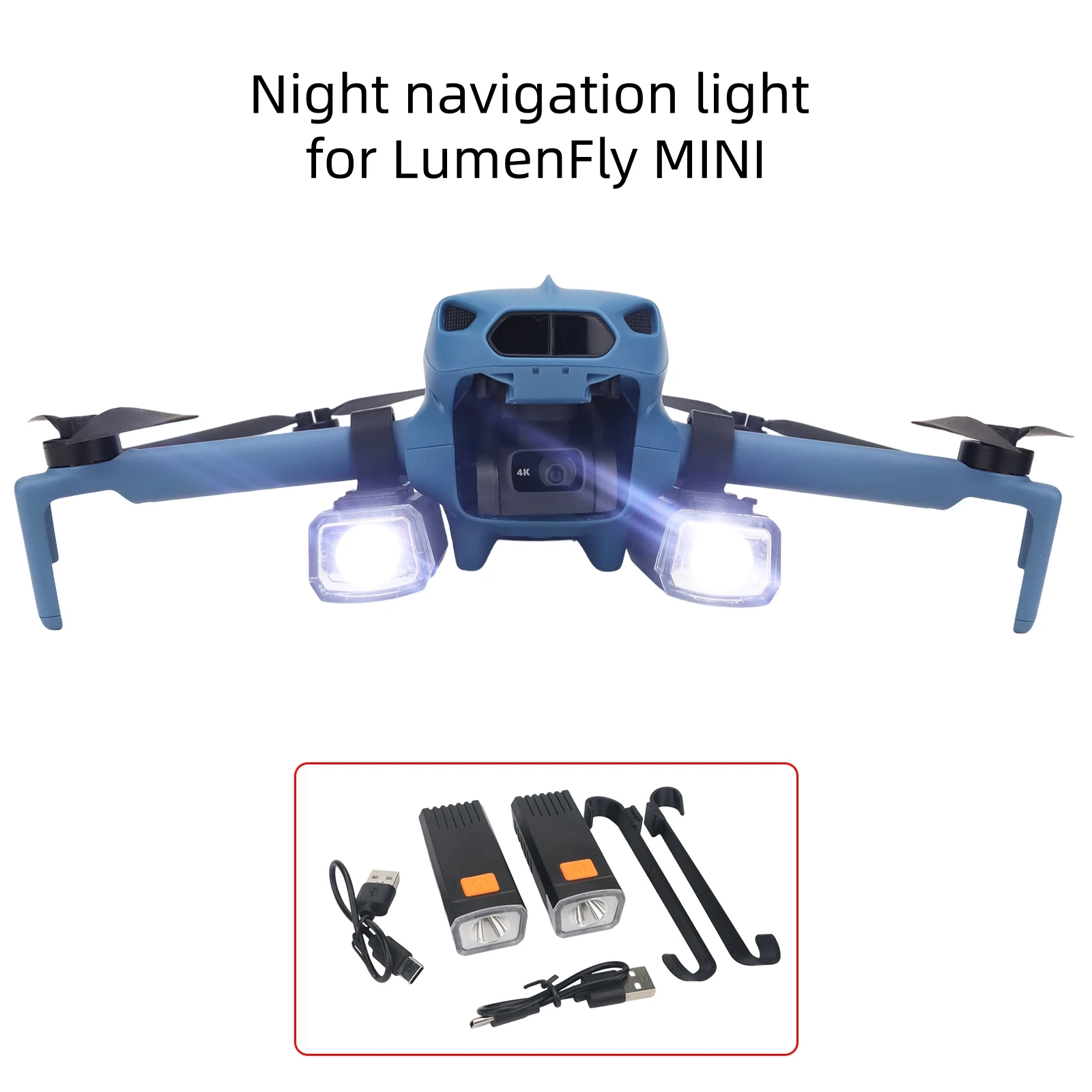 Lampe de navigation nocturne rechargeable pour drone LumenFly MINI allumée dans l'obscurité, projetant un faisceau lumineux puissant.