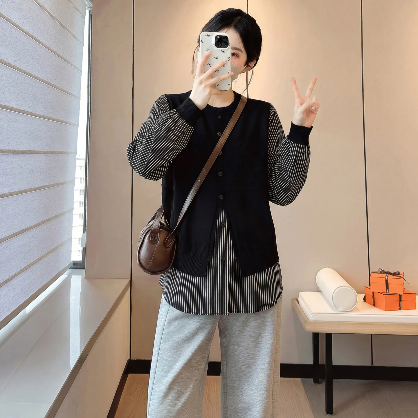 임산부용 봄 셔츠 달콤한 루즈핏 긴팔 인형 디자인 다용도 노화방지 투피스룩 캐주얼 한국 스타일 스트라이프