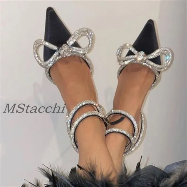 Glitter Rhinestones Women Pumps Crystal Bowknot Satin Sandals 2022 Summer Transparent Shoes High Heels Party Prom Designer Shoes 3