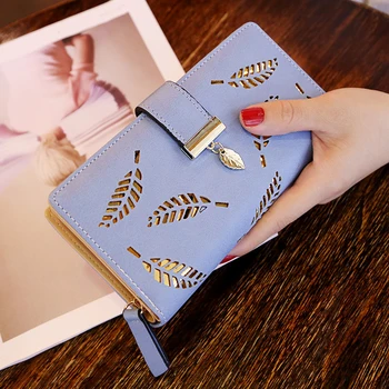 Women Wallet Hollow Golden Leaf Buckle Wallet PU Leather Purse Female Long Wallet for Women Coin Purse Card Holders Clutch - Image 2