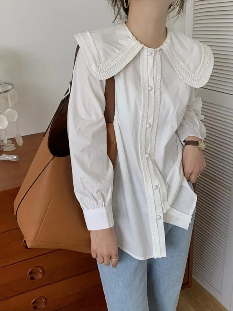 

White Shirts Women Fashion Sweet Doll Neck Bubble Sleeve Blouse Autumn Spring 2023 New Elegant Chic Casual Loose Button Up Tops