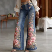 3D Printed Jeans for Women's Flare Denim Pant High Waist Elegant Vintage Casual High Street Slim Pockets Plus Size Women's Jeans