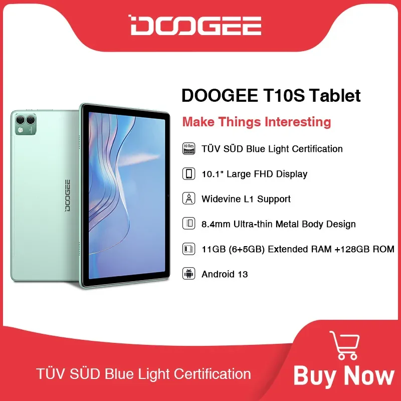 DOOGEE T10S 10.1 Tablet 11GB+128GB(TF 1TB) Android 13 Tablet 6600mAh  Widevine