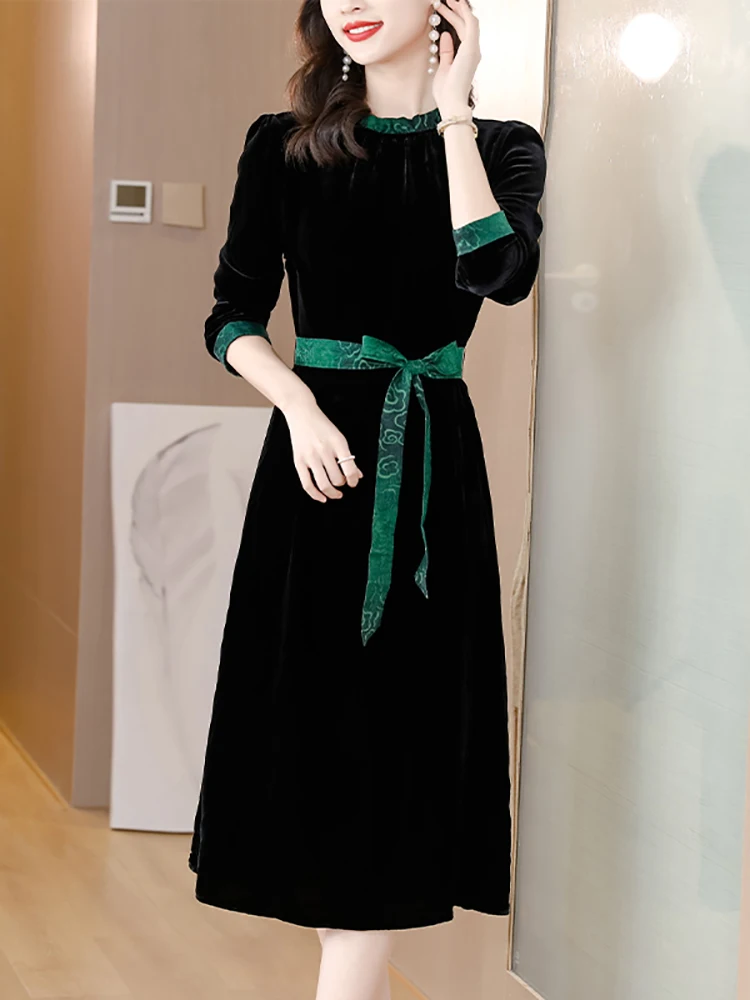 

2023 New Black Velvet Ruffled Collar Midi Dress Women Luxury Elegant Bodycon Dress Autumn Winter Korean Vintage Hepburn Vestidos