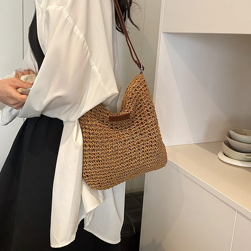 Summer Rattan Crossbody Bags Women Saddle Straw Woven Shoulder Bag