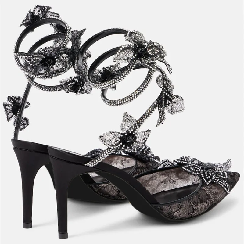 Fashion Mesh Lace Fowers Women Pumps Sandals Sexy Snake Coild Rhinestones Stiletto High heels Summer Autumn Wedding Prom Shoes 3