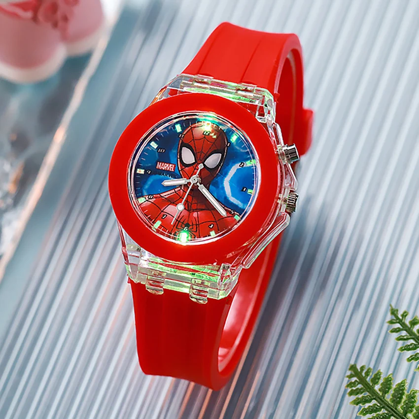 Cute Spiderman Children Watches with Color Flash Light Silicone Strap Kids Watch Boys Anime Action Figures Model Toys Clock Gift