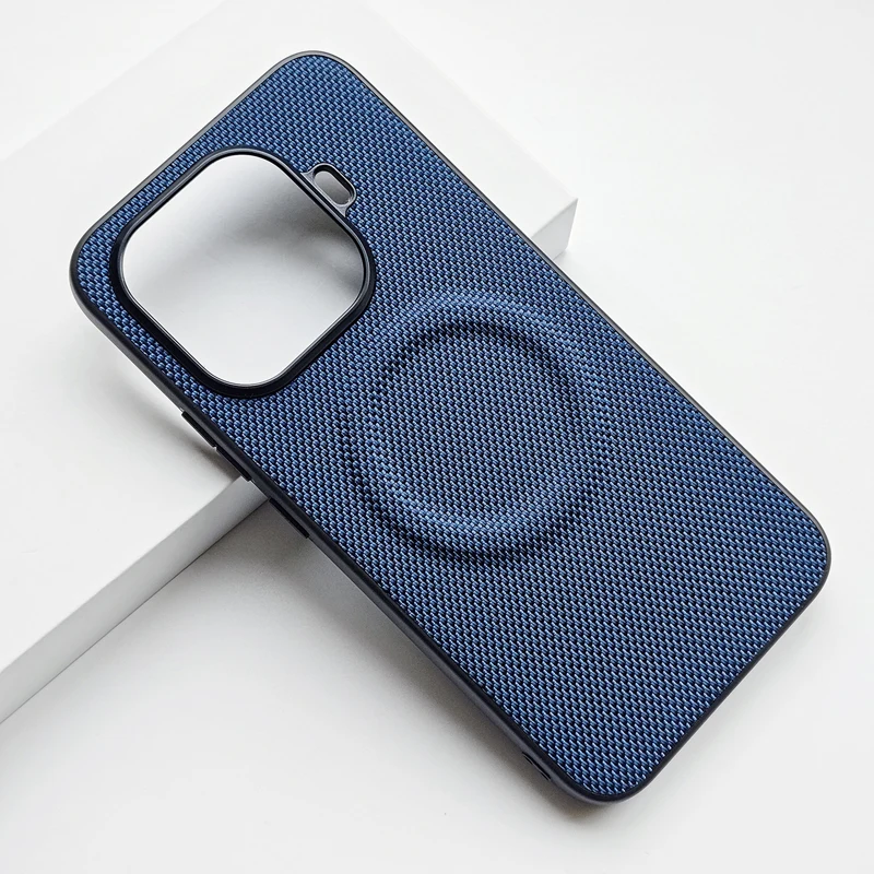 Luxury Magnetic Leather Back Case with Soft TPU & Nylon Woven Finish - Anti-Fingerprint Cover