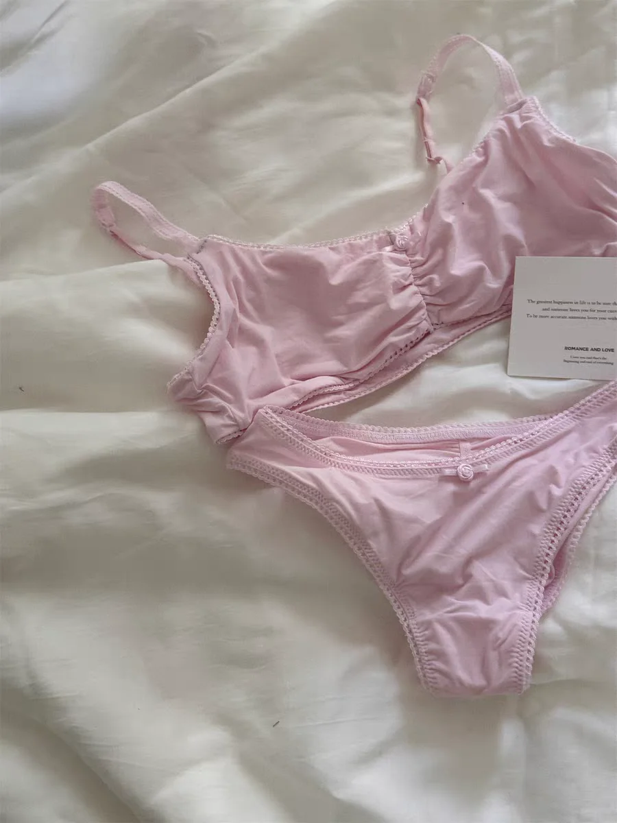 Pink Lace Bra Set Woman Adjusted-strap Seamless Bras+Low Waist Panties Female Casual Simple Solid High Elasticity Lingerie Sets