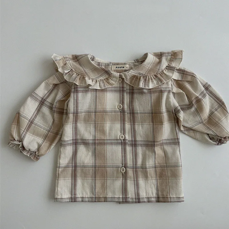 Baby girls blouse baby girls shirt Girl Baby Spring Thin Blouse Vintage Floral Shirt Sweet Peter Pan Collar Thin Coat Plaid Bottoming Cotton Tops