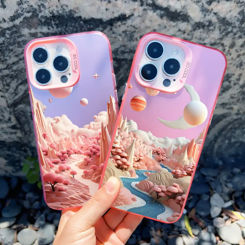 Creative Mountains Landscape Scenery Pink Shockproof Laser Phone Case