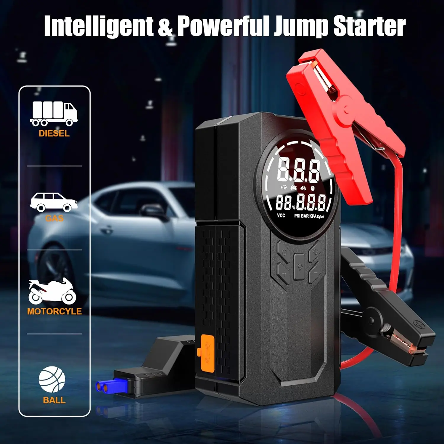 Jump Starter with Inflator Wireless Car Tire Inflator Inflating Pump Portable Auto Stop 150PSI Emergency Power Supply