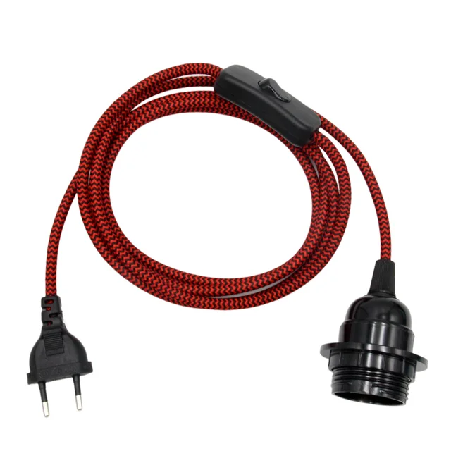 Cables de alimentación de enchufe europeo, Cable cubierto textil con  interruptor de atenuación, E27, anillo de soporte de lámpara de bombilla  roscada para luz colgante, CA de 220V