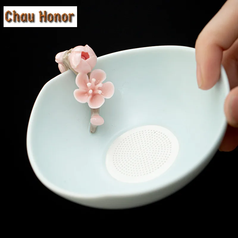 Handmade Knead Pink Plum Blossom Ceramic Tea Infuser Boutique Azure Ru Kiln Celadon Loose TeaLeaf Spice Tea Filter Tea Ceremony