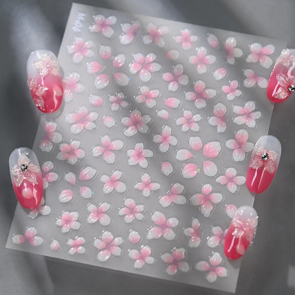 1Pc 핑크 화이트 백합 꽃 네일 스티커 봄 꽃잎 자체 접착 네일 슬라이더 DIY 그라데이션 꽃무늬 매니큐어 데칼