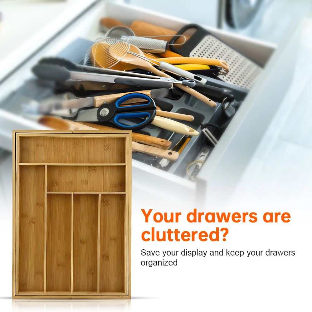 Multifunctional Expandable Kitchen Drawer Organizer for Utensils Cutlery Flatware Bamboo Silverware Tray