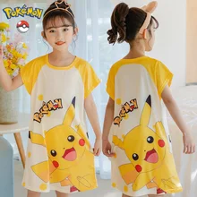 Pokemon Pikachu Girls Nightdress Summer Cartoon Children's Pajamas Kawaii Home Wear Short Sleeve Sleepwear Nightwear Dress Cute