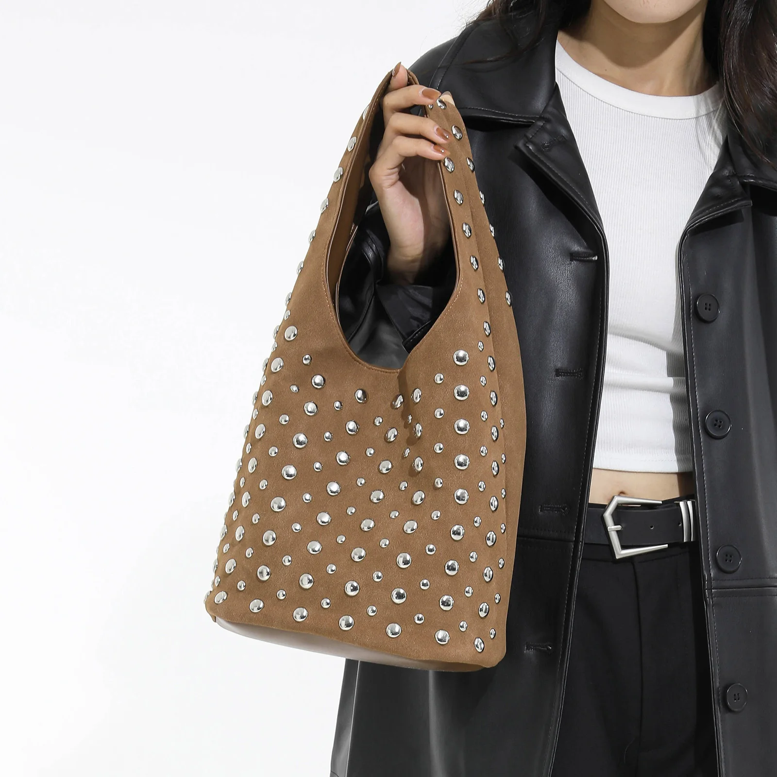 Stylish Studded Hobo Bag Y2K Rivets Bucket Purse Punk Underarm Satchels for Women Work Shopping Travel