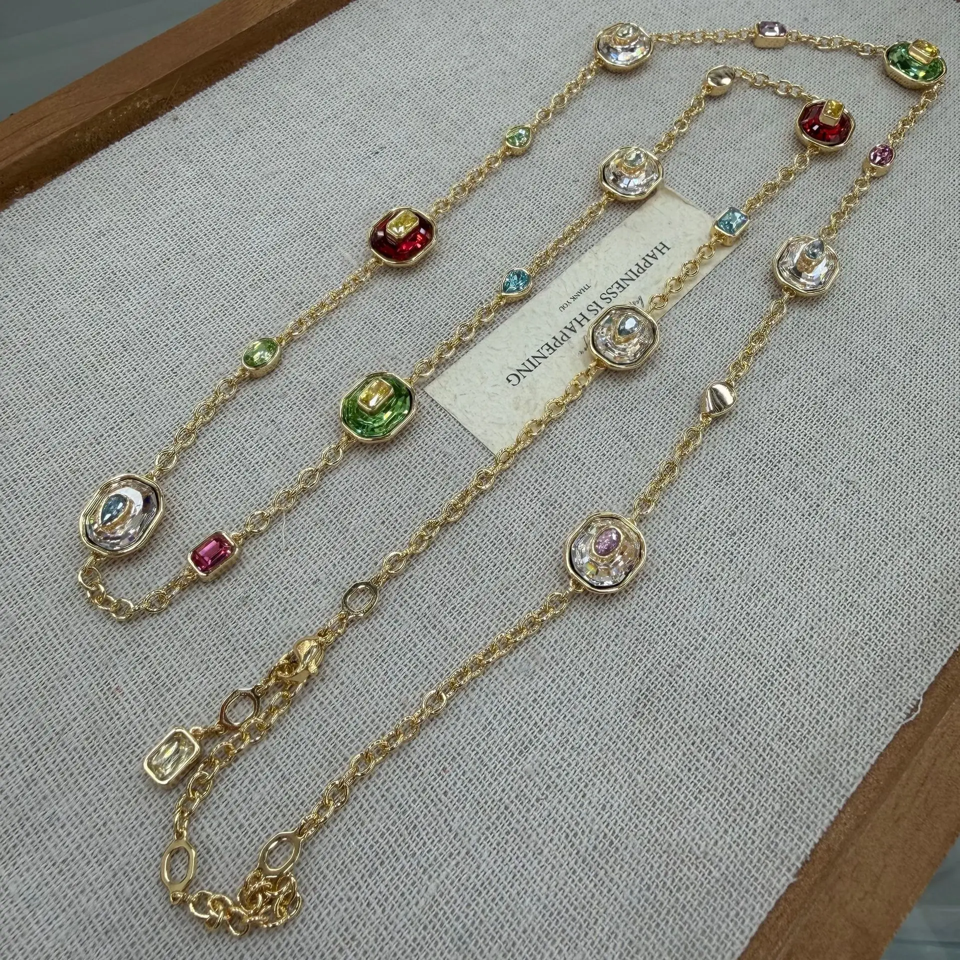 Women's Natural Crystal Powder Green Double-Sided Geometric Square Colorful Zircon Long Necklace, Earrings, and Bracelet Set 2