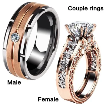 1pcs Luxury Women Ring Metal Hollow Carving Pattern Rose Gold Color Zircon Stones Couple Ring Bridal Engagement Wedding Jewelry 1