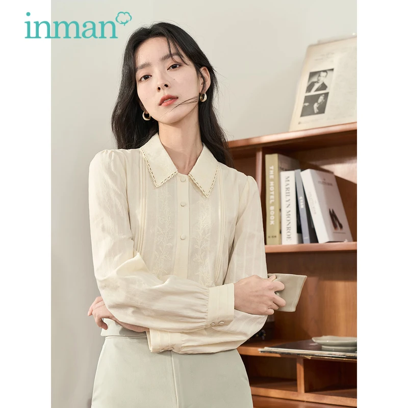 INMAN Women Blouse 2023 Autumn Long Sleeve Hollow Lace Embroidered Lapel Shirts Vertical Jacquard Versatile Apricot Blue Tops