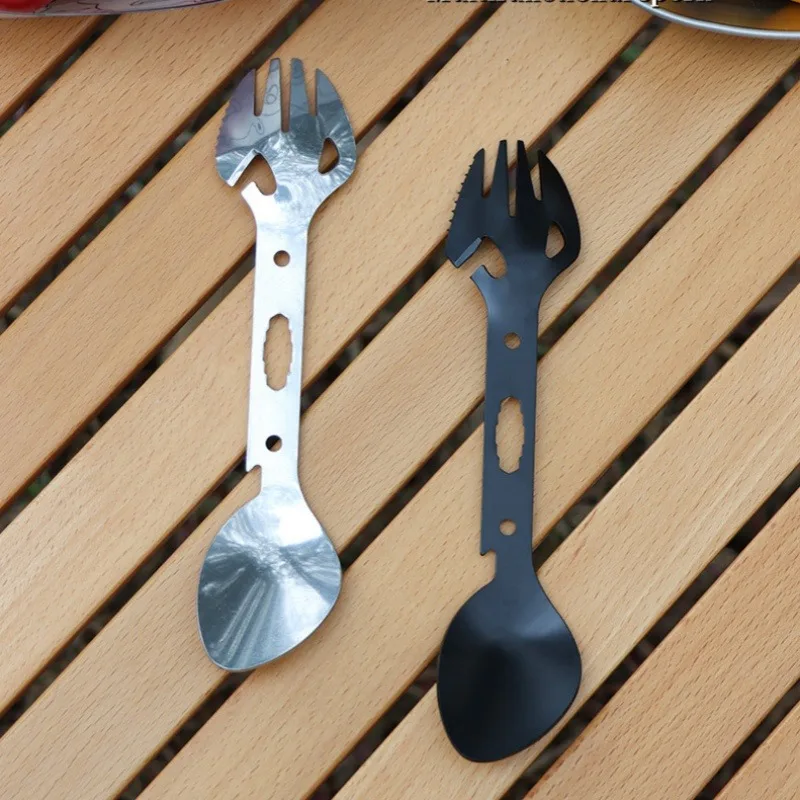 

Outdoor fork and spoon tableware stainless steel fork and spoon bottle opener wrench harpoon multifunctional camping tableware